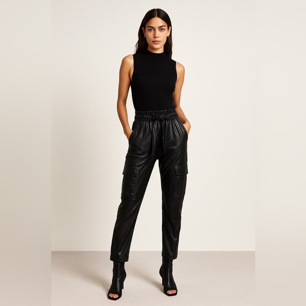 Cami NYC Addy Vegan Leather Pants Black Cargo Joggers Size Small NWT $295